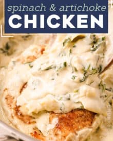 Everything you love about the classic spinach and artichoke dip, combined with an easy, one pan chicken dinner idea! Pan seared chicken breasts are smothered in an ultra creamy sauce loaded with chopped spinach and artichoke hearts!