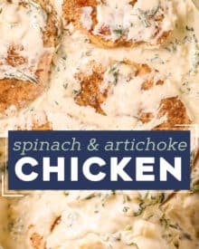 Everything you love about the classic spinach and artichoke dip, combined with an easy, one pan chicken dinner idea! Pan seared chicken breasts are smothered in an ultra creamy sauce loaded with chopped spinach and artichoke hearts!