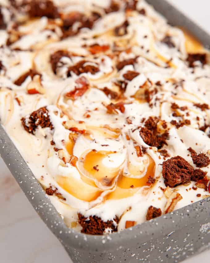 close up of a caramel swirl in the turtle brownie ice cream