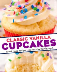These vanilla cupcakes are the perfect blend of fluffy, soft, and moist! They are the perfect base recipe to add extra flavors to, great with any frosting, and amazing for birthdays and all celebrations!