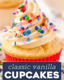 These vanilla cupcakes are the perfect blend of fluffy, soft, and moist! They are the perfect base recipe to add extra flavors to, great with any frosting, and amazing for birthdays and all celebrations!