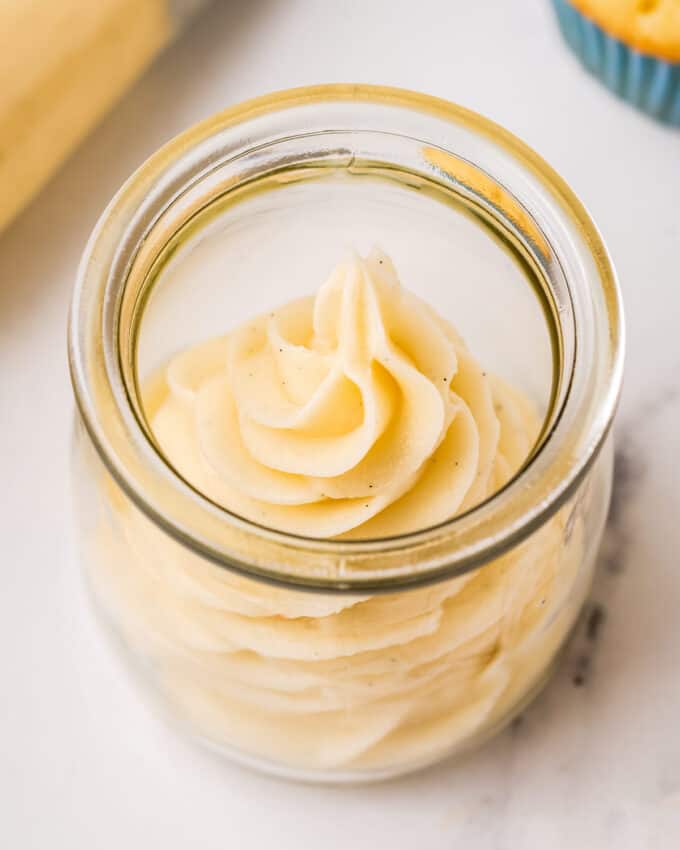 swirl of vanilla buttercream in glass jar