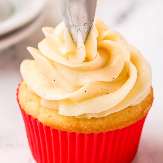 swirl of vanilla bean buttercream frosting on white cupcake in red liner