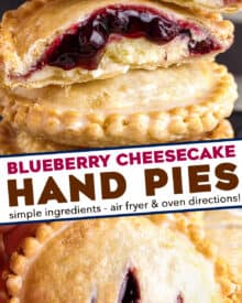 These Blueberry Cheesecake Hand Pies are an easy-to-make, portable dessert - mini pockets of silky cheesecake and sweet blueberry pie filling! This recipe uses a lot of store-bought ingredients to eliminate a lot of the hassle and make this a perfect dessert for beginners, and is made easily in the air fryer (oven instructions are also included).