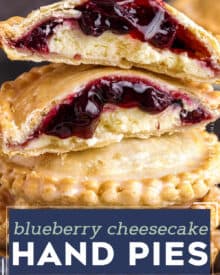 These Blueberry Cheesecake Hand Pies are an easy-to-make, portable dessert - mini pockets of silky cheesecake and sweet blueberry pie filling! This recipe uses a lot of store-bought ingredients to eliminate a lot of the hassle and make this a perfect dessert for beginners, and is made easily in the air fryer (oven instructions are also included).