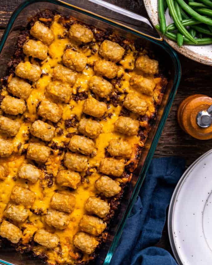 overhead view of sloppy joe casserole in glass baking dish