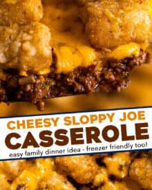 This sloppy joe casserole is a hearty freezer-friendly dinner for the whole family! A rich and saucy homemade sloppy joe layer is topped with cheddar cheese and crispy tater tots, and baked until bubbly and hot. Perfect for a busy weeknight or casual weekend supper!