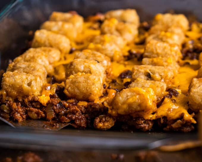 side view of casserole showing sloppy joe layer