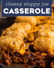 This sloppy joe casserole is a hearty freezer-friendly dinner for the whole family! A rich and saucy homemade sloppy joe layer is topped with cheddar cheese and crispy tater tots, and baked until bubbly and hot. Perfect for a busy weeknight or casual weekend supper!