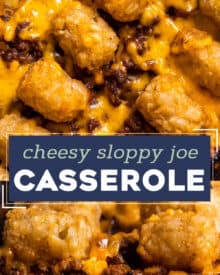 This sloppy joe casserole is a hearty freezer-friendly dinner for the whole family! A rich and saucy homemade sloppy joe layer is topped with cheddar cheese and crispy tater tots, and baked until bubbly and hot. Perfect for a busy weeknight or casual weekend supper!
