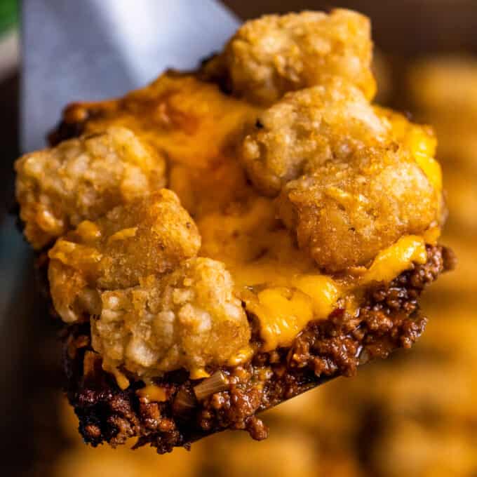 a serving of sloppy joe casserole on a spatula