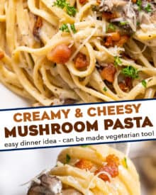 Creamy Mushroom Pasta is loaded with golden brown seared mushrooms and smothered in a silky and oh so creamy garlic parmesan sauce. With two simple swaps it can be made vegetarian, and while it's really easy to make, it looks (and tastes) fancy enough for a special occasion dinner!