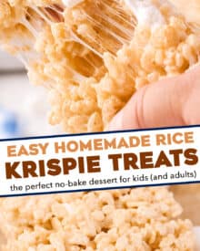 These Homemade Rice Krispie Treats are such an easy and fun to make no-bake dessert! My version stays soft and gooey, not hard and dry, and uses just 5 simple ingredients.