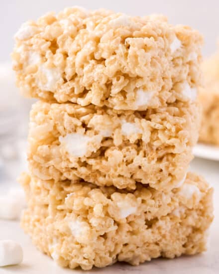 These Homemade Rice Krispie Treats are such an easy and fun to make no-bake dessert! My version stays soft and gooey, not hard and dry, and uses just 5 simple ingredients.