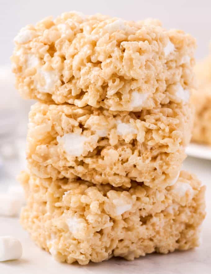 These Homemade Rice Krispie Treats are such an easy and fun to make no-bake dessert! My version stays soft and gooey, not hard and dry, and uses just 5 simple ingredients.