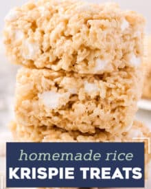 These Homemade Rice Krispie Treats are such an easy and fun to make no-bake dessert! My version stays soft and gooey, not hard and dry, and uses just 5 simple ingredients.