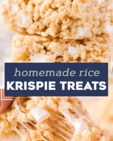These Homemade Rice Krispie Treats are such an easy and fun to make no-bake dessert! My version stays soft and gooey, not hard and dry, and uses just 5 simple ingredients.