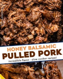 This honey balsamic pulled pork is succulent and tender, with a mouthwatering homemade honey balsamic bbq sauce! Made with simple and mostly staple ingredients, this pulled pork is perfect for a crowd, fantastic on a bun, and so much more.