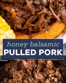This honey balsamic pulled pork is succulent and tender, with a mouthwatering homemade honey balsamic bbq sauce! Made with simple and mostly staple ingredients, this pulled pork is perfect for a crowd, fantastic on a bun, and so much more.