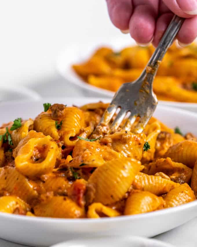 digging a fork into a bowl of beef and shells