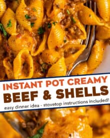 This creamy beef and shells recipe is a super simple one pot dinner that’s hearty, cheesy, and made easily in the Instant Pot! Both kids and adults alike go crazy over this easy dinner idea, and it's pretty customize-able too!