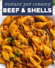 This creamy beef and shells recipe is a super simple one pot dinner that’s hearty, cheesy, and made easily in the Instant Pot! Both kids and adults alike go crazy over this easy dinner idea, and it's pretty customize-able too!