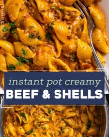 This creamy beef and shells recipe is a super simple one pot dinner that’s hearty, cheesy, and made easily in the Instant Pot! Both kids and adults alike go crazy over this easy dinner idea, and it's pretty customize-able too!