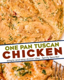 This One Pan Tuscan Chicken is a quick and easy one-pot meal that's sure to be a family favorite!  Juicy chicken, a creamy sauce made with bursts of sun dried tomatoes, Parmesan cheese and spinach, and it's all ready in about 30 minutes, making it a great weeknight dinner option.
