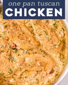 This One Pan Tuscan Chicken is a quick and easy one-pot meal that's sure to be a family favorite!  Juicy chicken, a creamy sauce made with bursts of sun dried tomatoes, Parmesan cheese and spinach, and it's all ready in about 30 minutes, making it a great weeknight dinner option.