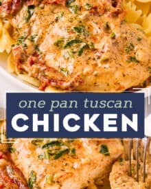 This One Pan Tuscan Chicken is a quick and easy one-pot meal that's sure to be a family favorite!  Juicy chicken, a creamy sauce made with bursts of sun dried tomatoes, Parmesan cheese and spinach, and it's all ready in about 30 minutes, making it a great weeknight dinner option.