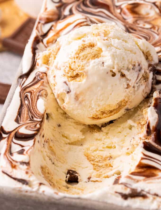 a scoop of s'mores ice cream in the loaf pan with no churn ice cream