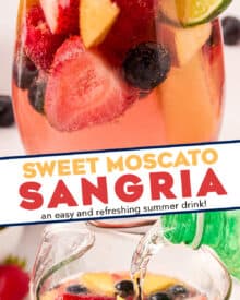 This light and sweet twist on a classic sangria recipe uses sweet moscato wines, raspberry liqueur, plenty of fruit, and made bubbly with lemon lime soda and seltzer water! Great to make ahead and loved by all!