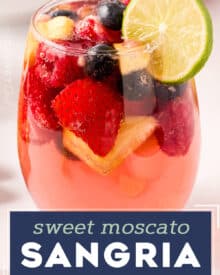 This light and sweet twist on a classic sangria recipe uses sweet moscato wines, raspberry liqueur, plenty of fruit, and made bubbly with lemon lime soda and seltzer water! Great to make ahead and loved by all!