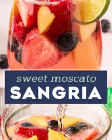 This light and sweet twist on a classic sangria recipe uses sweet moscato wines, raspberry liqueur, plenty of fruit, and made bubbly with lemon lime soda and seltzer water! Great to make ahead and loved by all!