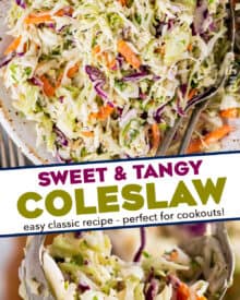 This classic and easy Coleslaw Recipe is made with crisp cabbage and carrots in a creamy, sweet and tangy homemade dressing! Perfect to make ahead, and great as a side dish or on top of a bbq sandwich!