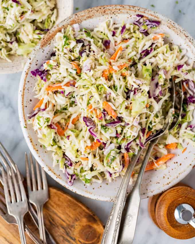 overhead view of a bowl of coleslaw