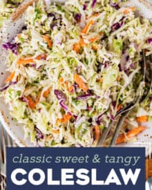 This classic and easy Coleslaw Recipe is made with crisp cabbage and carrots in a creamy, sweet and tangy homemade dressing! Perfect to make ahead, and great as a side dish or on top of a bbq sandwich!