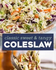 This classic and easy Coleslaw Recipe is made with crisp cabbage and carrots in a creamy, sweet and tangy homemade dressing! Perfect to make ahead, and great as a side dish or on top of a bbq sandwich!