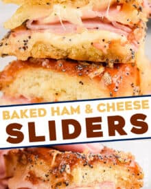 These Baked Ham and Cheese Sliders are made with pillowy and sweet Hawaiian slider buns, savory black forest ham, gooey Swiss cheese, and topped with a buttery honey dijon sauce flecked with onion and poppy seeds! They're the perfect appetizer for game day or any party, and will feed a crowd!