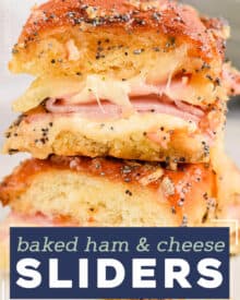 These Baked Ham and Cheese Sliders are made with pillowy and sweet Hawaiian slider buns, savory black forest ham, gooey Swiss cheese, and topped with a buttery honey dijon sauce flecked with onion and poppy seeds! They're the perfect appetizer for game day or any party, and will feed a crowd!