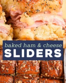 These Baked Ham and Cheese Sliders are made with pillowy and sweet Hawaiian slider buns, savory black forest ham, gooey Swiss cheese, and topped with a buttery honey dijon sauce flecked with onion and poppy seeds! They're the perfect appetizer for game day or any party, and will feed a crowd!