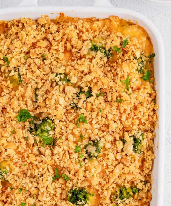 overhead view of broccoli rice casserole in baking dish