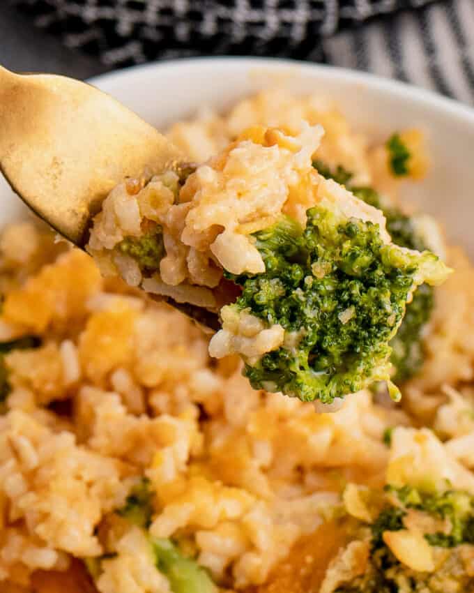 forkful of broccoli cheddar rice casserole