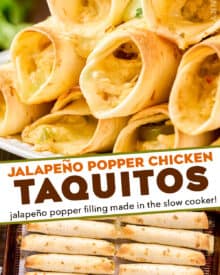 These Jalapeño Popper Chicken Taquitos are the perfect crowd-pleasing appetizer, or fun main course! Creamy jalapeño studded chicken filling is rolled up with cheese in flour tortillas and baked until crispy. Serve with an easy avocado-cilantro ranch and watch them disappear!