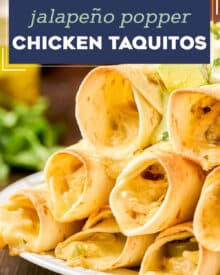 These Jalapeño Popper Chicken Taquitos are the perfect crowd-pleasing appetizer, or fun main course! Creamy jalapeño studded chicken filling is rolled up with cheese in flour tortillas and baked until crispy. Serve with an easy avocado-cilantro ranch and watch them disappear!