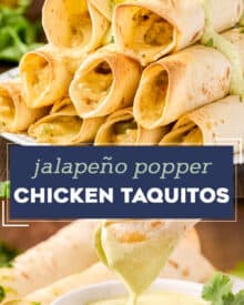 These Jalapeño Popper Chicken Taquitos are the perfect crowd-pleasing appetizer, or fun main course! Creamy jalapeño studded chicken filling is rolled up with cheese in flour tortillas and baked until crispy. Serve with an easy avocado-cilantro ranch and watch them disappear!