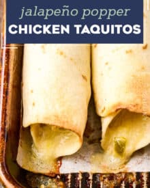 These Jalapeño Popper Chicken Taquitos are the perfect crowd-pleasing appetizer, or fun main course! Creamy jalapeño studded chicken filling is rolled up with cheese in flour tortillas and baked until crispy. Serve with an easy avocado-cilantro ranch and watch them disappear!