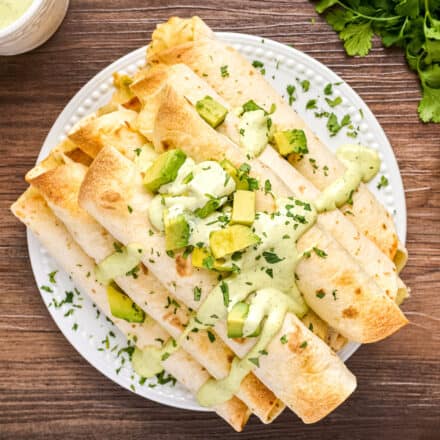 pile of chicken taquitos on white plate drizzled with avocado ranch