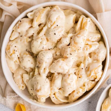 overhead view of a white bowl of a copycat mac and cheese recipe from panera bread