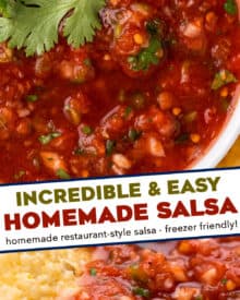 The best homemade salsa is made with juicy tomatoes, jalapeños, onion, fresh cilantro and plenty of spice and flavor! A little spicy, slightly sweet, and perfect with salty chips.  Great for game day/tailgating, parties, Mexican recipes and more!